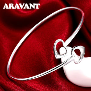 925 Silver Double Heart Adjustable Cuff Bracelets Bangles For Women