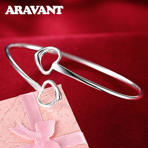 925 Silver Double Heart Adjustable Cuff Bracelets Bangles For Women