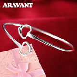 925 Silver Double Heart Adjustable Cuff Bracelets Bangles For Women