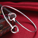 925 Silver Double Heart Adjustable Cuff Bracelets Bangles For Women