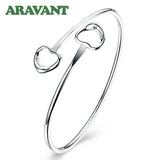 925 Silver Double Heart Adjustable Cuff Bracelets Bangles For Women