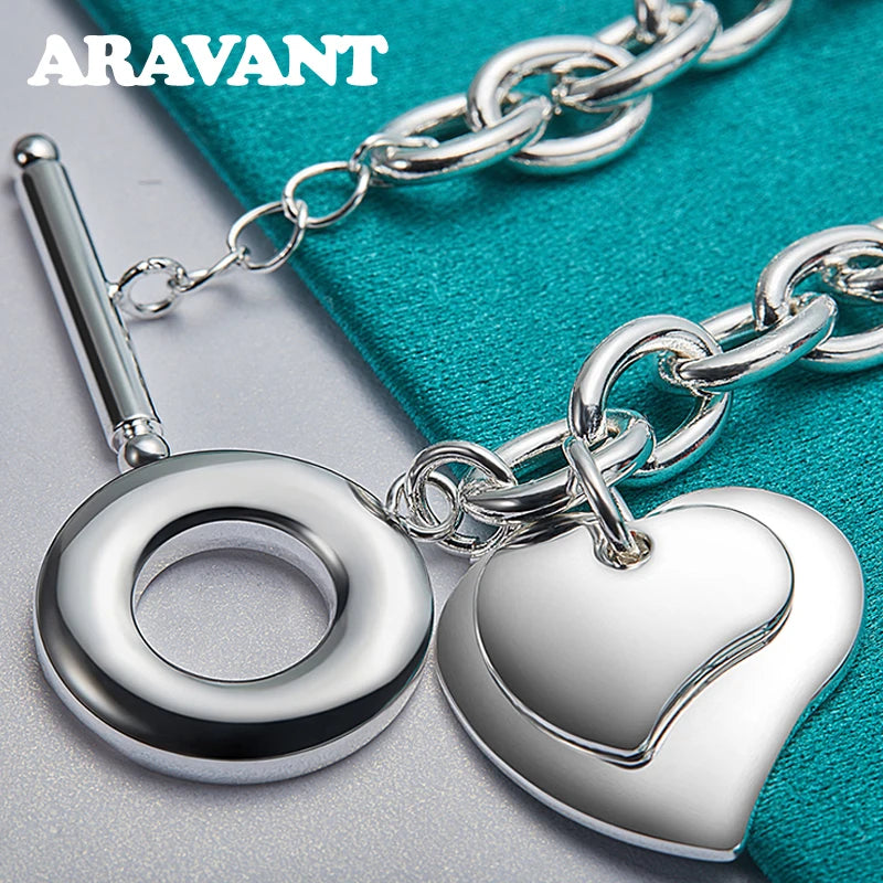 925 Silver Double Heart Charm Bracelet Chain For Women Wedding Jewelry