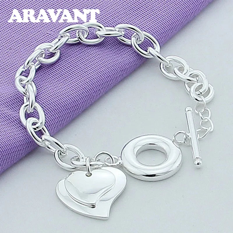 925 Silver Double Heart Charm Bracelet Women Jewelry