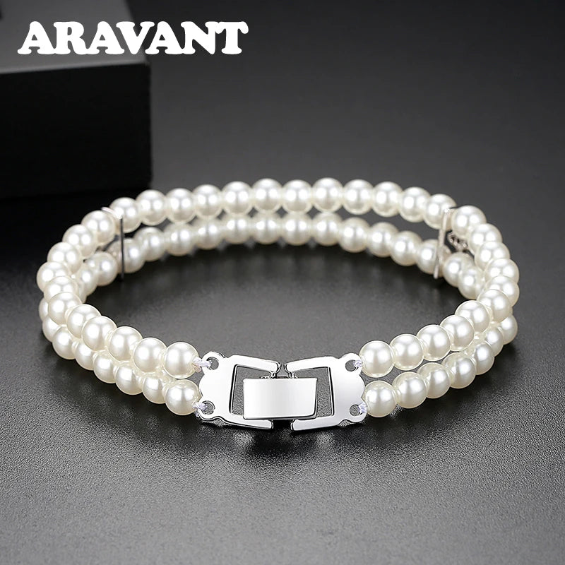 925 Silver Double Layer Pearl Bracelets Chains For Women Wedding Jewelry