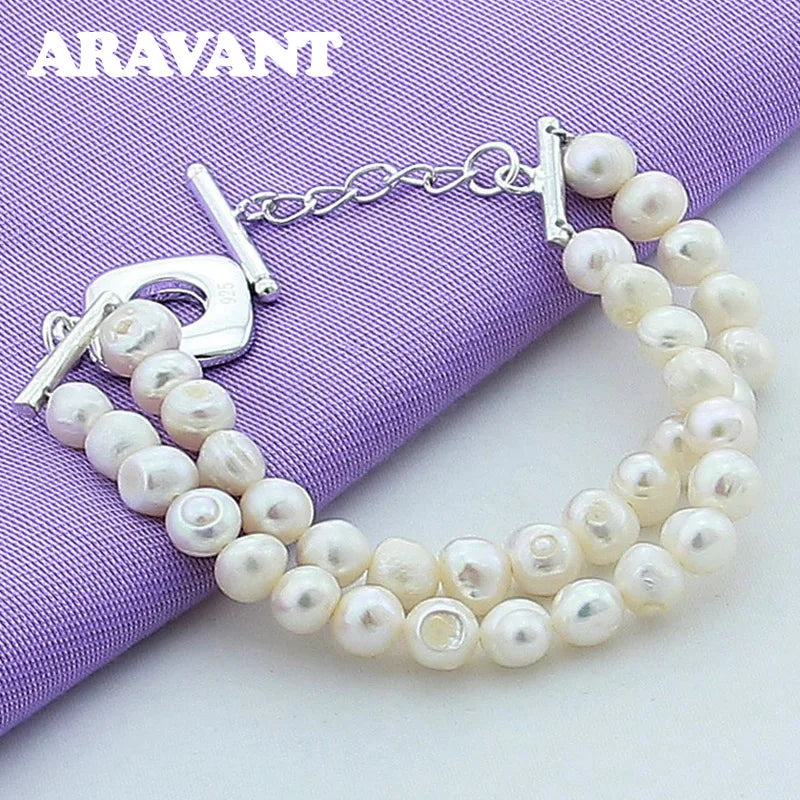 925 Silver Double Layer Pearl Bracelet Women