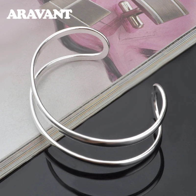925 Silver Double Line Open Bracelet Bangles For Women