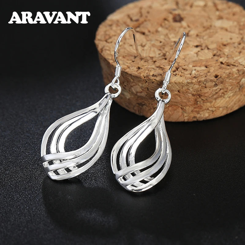 925 Silver Twist Wave Line Water Drop Earrings For Women