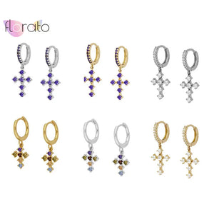 925 Silver Rainbow Zircon Cross Hoop Earrings