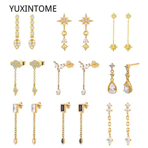 925 Silver Star Stud Earrings Heart Chain Tassel Pendant
