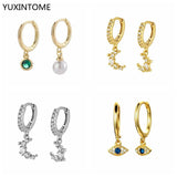 925 Silver Evil Eye Hoop Earrings Crystal Star Moon Women Jewelry