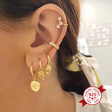 925 Silver Flower Coin Hoop Earrings Crystal Feather Pendant Jewelry