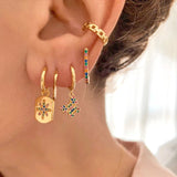 925 Silver Flower Coin Hoop Earrings Crystal Feather Pendant Jewelry