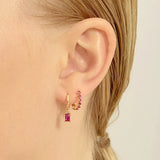 925 Silver Rose Red Hoop Earrings Water Drop Crystal Piercing Jewelry