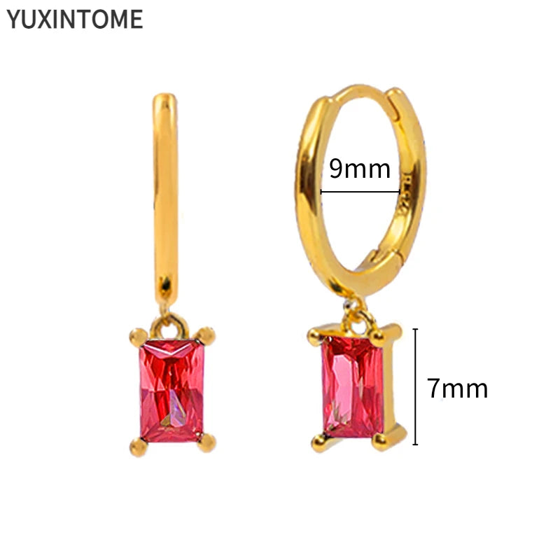 925 Silver Rose Red Hoop Earrings Water Drop Crystal Piercing Jewelry