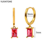 925 Silver Rose Red Hoop Earrings Water Drop Crystal Piercing Jewelry