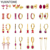 925 Silver Rose Red Hoop Earrings Water Drop Crystal Piercing Jewelry