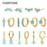 925 Silver Turquoise Hoop Earrings Flower Crystal Huggie Earrings Jewelry