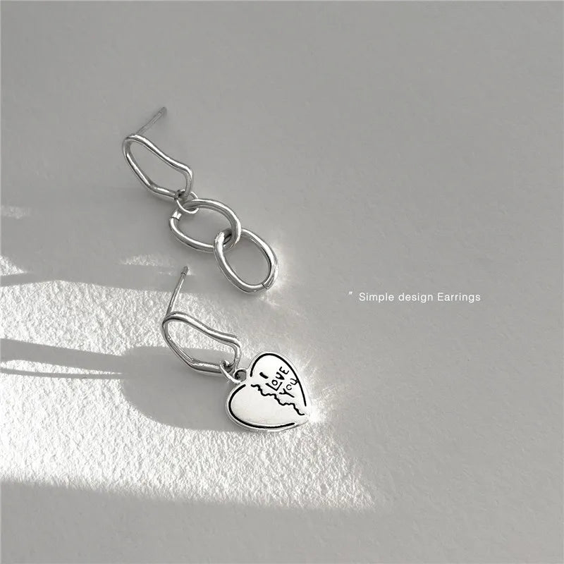 925 Silver Asymmetrical Love Earrings Japanese Style Women's Jewelry