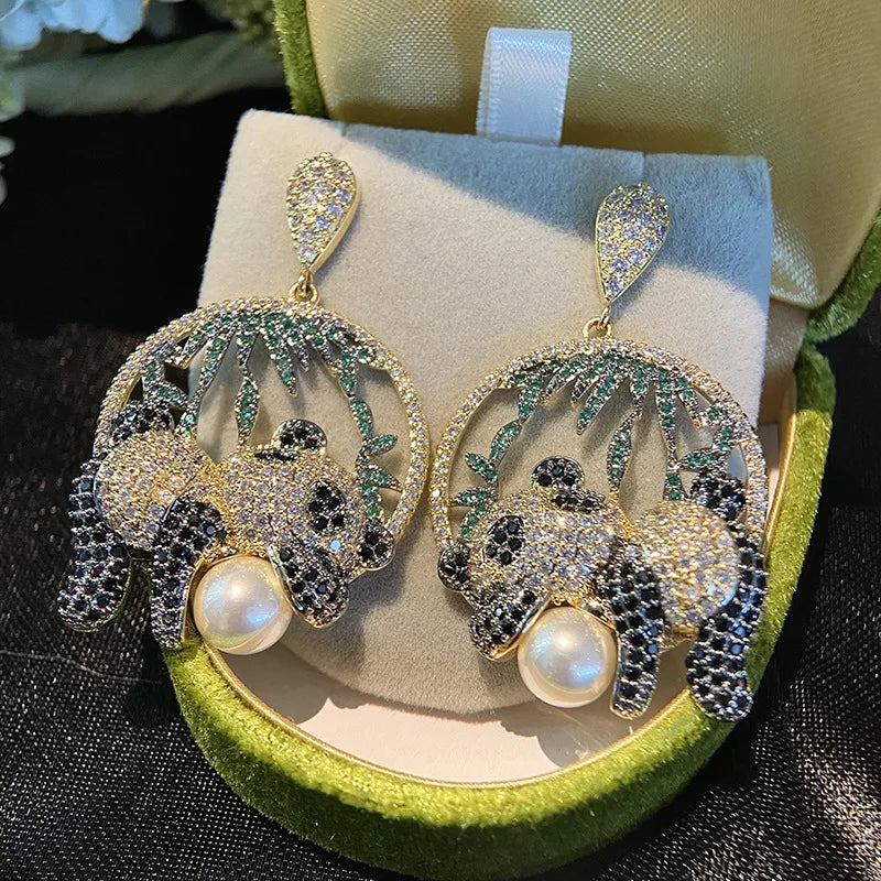 925 Silver Panda Drop Earrings Freshwater Pearl Zirconia Dangler