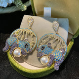 925 Silver Panda Drop Earrings Freshwater Pearl Zirconia Dangler