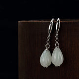 925 Silver Hetian Jade Flower Earrings for Women