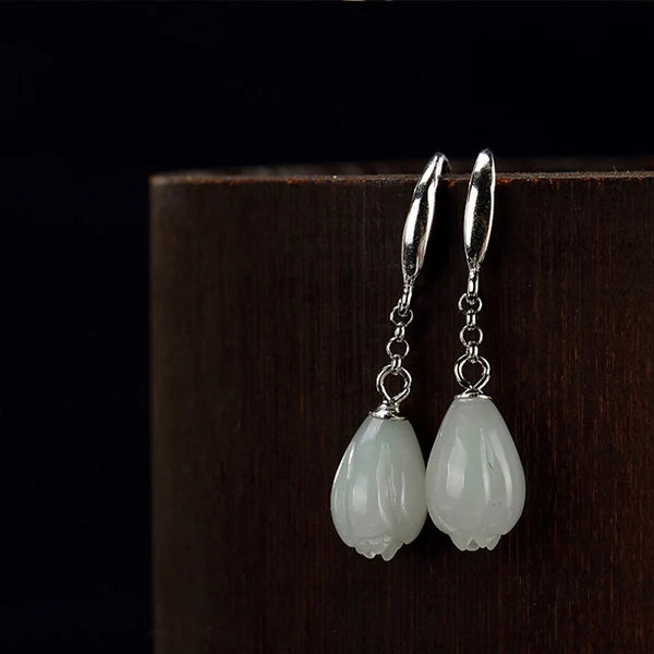 925 Silver Hetian Jade Flower Earrings for Women
