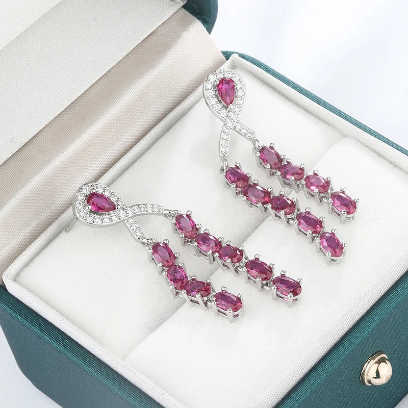 925 Silver Baroque Diamond Earrings Red Sapphire Square Light Crystal Gift