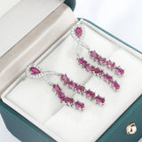 925 Silver Baroque Diamond Earrings Red Sapphire Square Light Crystal Gift