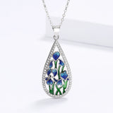 925 Silver Flower Ladies Pendant Necklace Enamel Jewelry