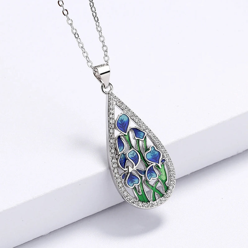 925 Silver Flower Ladies Pendant Necklace Enamel Jewelry