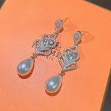 925 Silver Freshwater Pearl Diamond Long Earrings Celebrity Style Jewelry