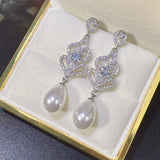925 Silver Freshwater Pearl Diamond Long Earrings Celebrity Style Jewelry