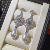 925 Silver Freshwater Pearl Diamond Long Earrings Celebrity Style Jewelry