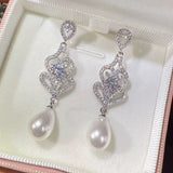 925 Silver Freshwater Pearl Diamond Long Earrings Celebrity Style Jewelry