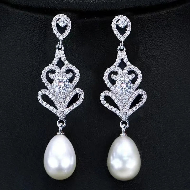 925 Silver Freshwater Pearl Diamond Long Earrings Celebrity Style Jewelry