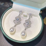 925 Silver Freshwater Pearl Diamond Long Earrings Celebrity Style Jewelry