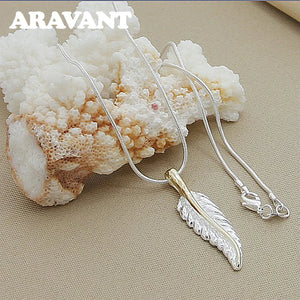 925 Silver Feather Pendant Necklace Snake Chain Jewelry