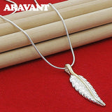 925 Silver Feather Pendant Necklace Snake Chain Jewelry