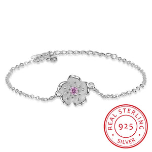 925 Silver Flower Bracelet Clear Crystal Plum Blossom Charm Chain Jewelry