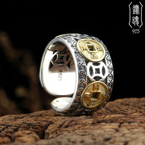 925 Silver Five Emperors Copper Coin Adjustable Ring Ethnic Silver Jewelry