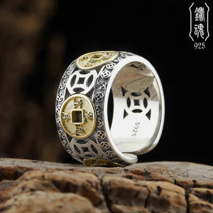 925 Silver Five Emperors Copper Coin Adjustable Ring Ethnic Silver Jewelry