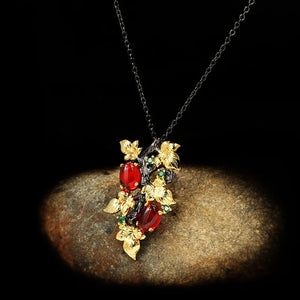 925 Silver Ruby Flower Pendant Necklace for Women