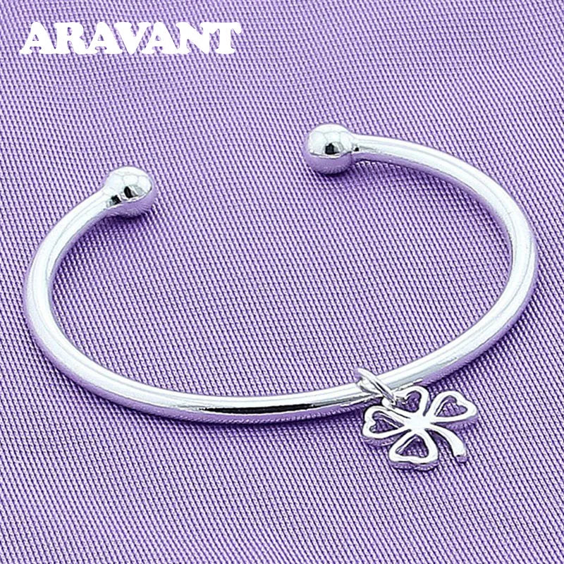 925 Silver Four Leaf Clover Open Cuff Bracelet Bangle For Women