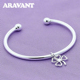 925 Silver Four Leaf Clover Open Cuff Bracelet Bangle For Women