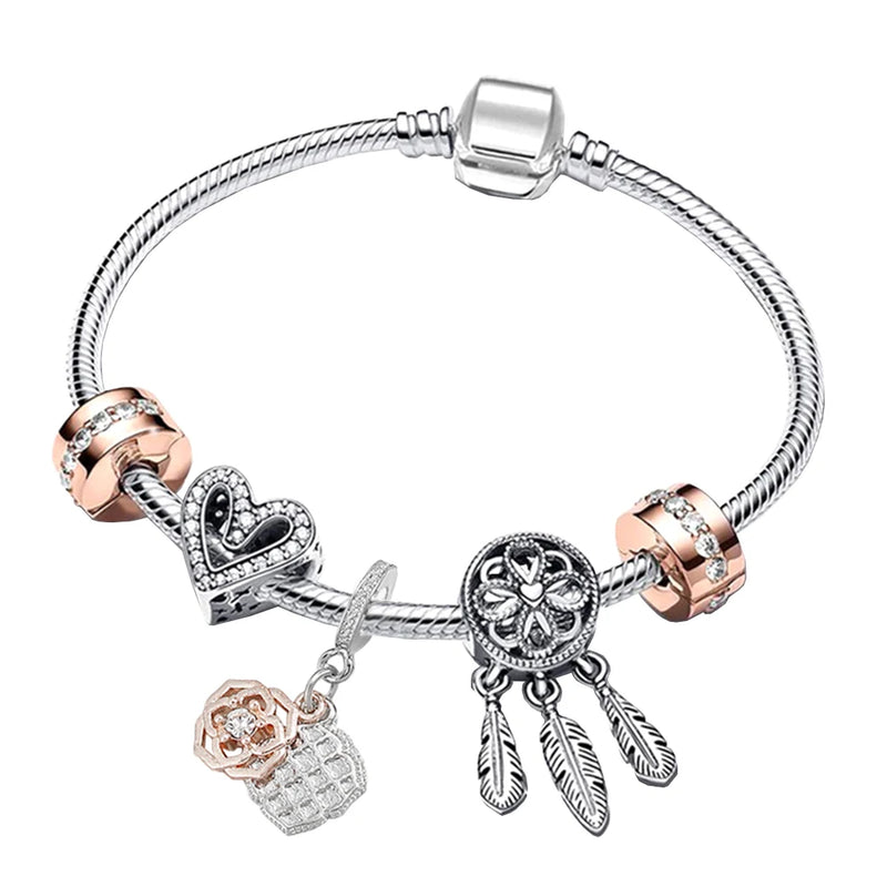 925 Silver Heart Shaped Dream Catcher Bracelet Set for Women