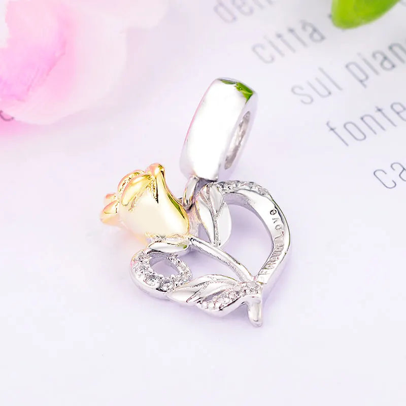 925 Silver Eternal Rose Flower Leaf Zirconia Bead Charm