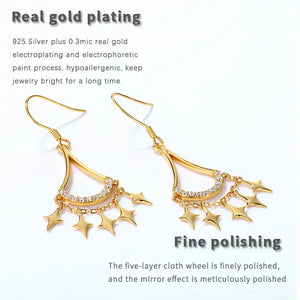 925 Silver Plated Tassel Star Drop Earrings Zircon Dangle Earrings