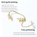 925 Silver Plated Willow Leaves Ear Clip Ear Studs Pearls Stud Earrings Women