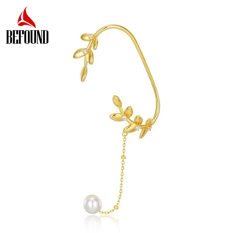 925 Silver Plated Willow Leaves Ear Clip Ear Studs Pearls Stud Earrings Women