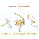 925 Silver Plated Willow Leaves Ear Clip Ear Studs Pearls Stud Earrings Women